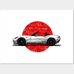 Japanese roadster sports car sketch with flag background Posters and Art